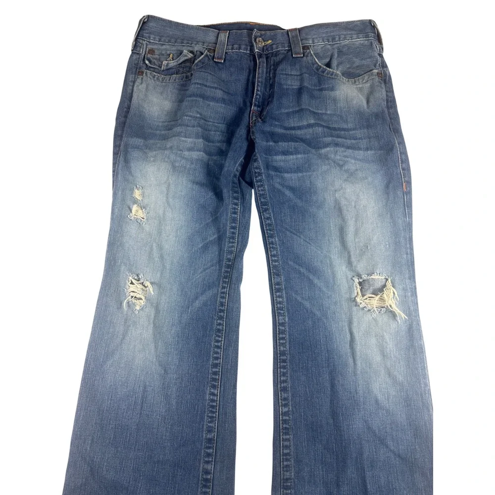 True Religion Billy Jeans Men 36 Blue Distressed Embroidered Mask USA Streetwear